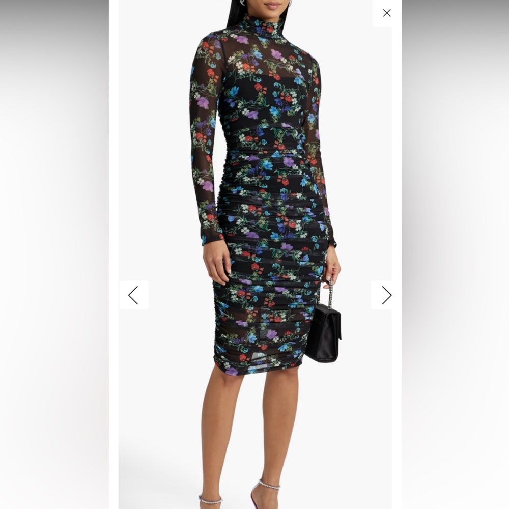 Alice & Olivia Delora ruched floral-print stretch-mesh turtleneck dress. Size 2